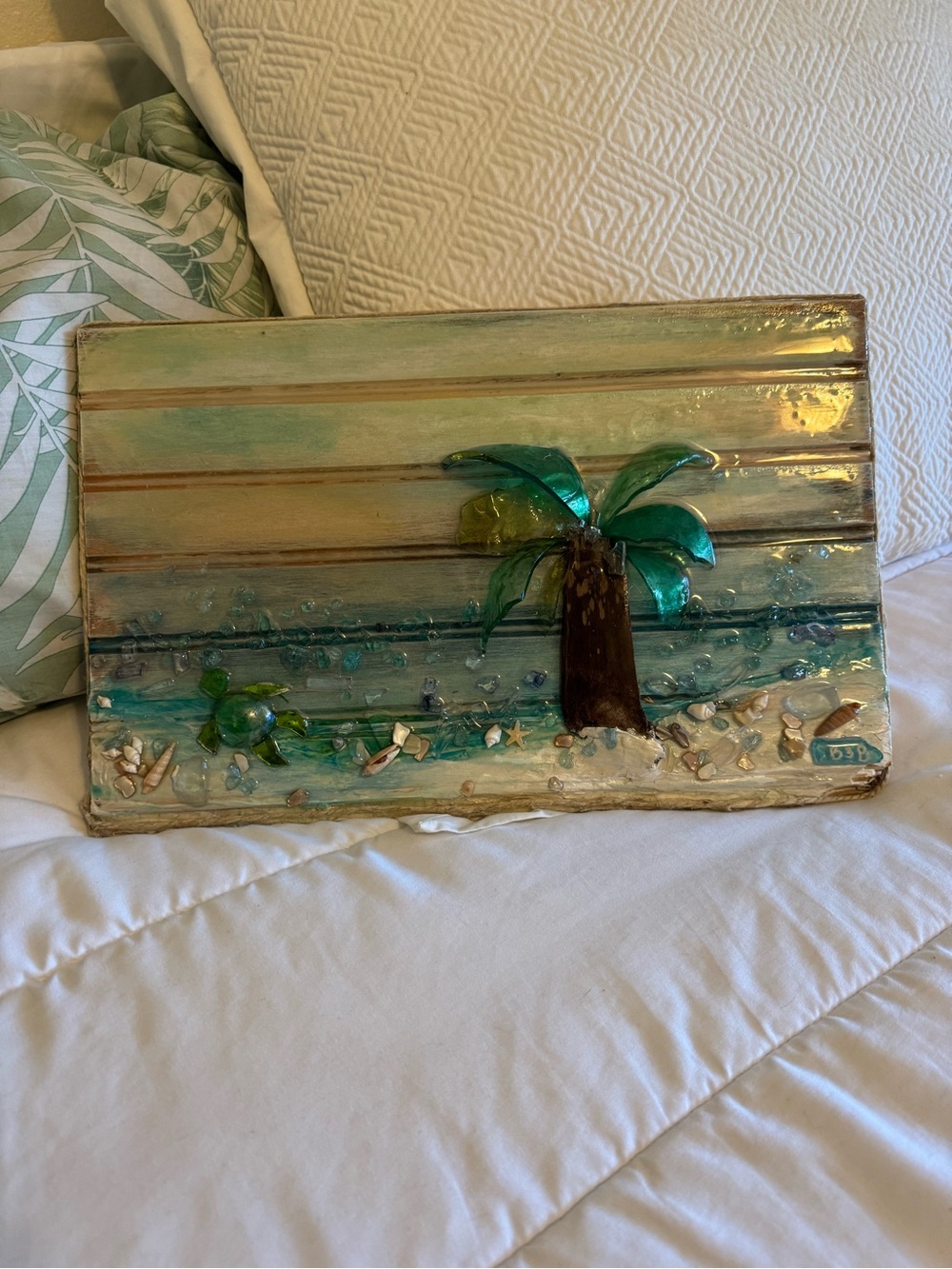 Handcrafted Beach Glass Palm Wall Art - Teal & Brown